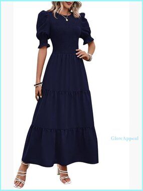 Smocked Bust Flowy Maxi Dress with Puff Sleeves Side Pockets Boho